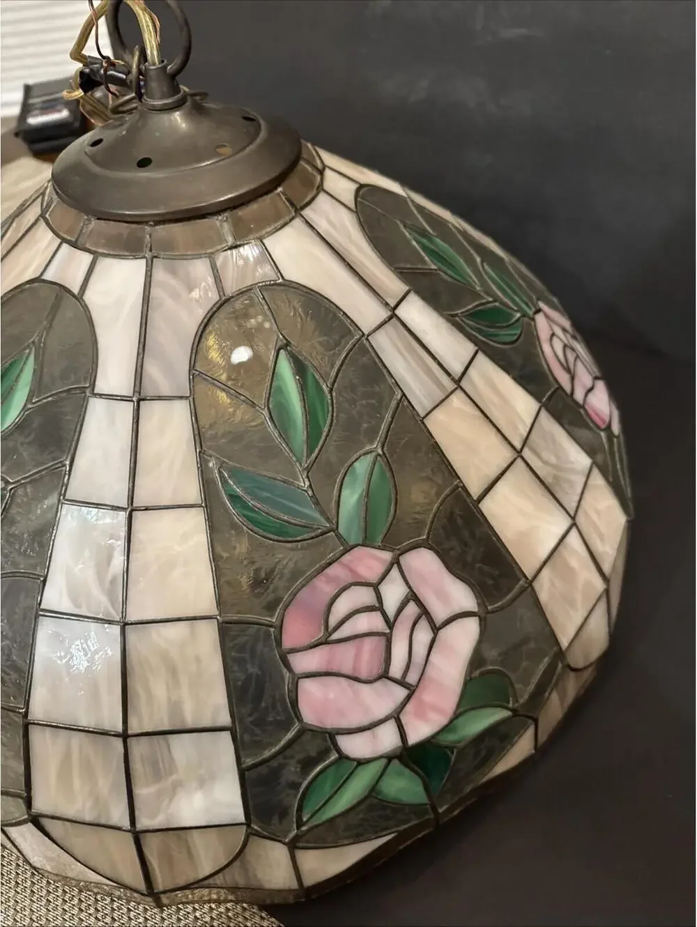Vintage Tiffany Style 21”  Leaded Glass Hanging Ceiling Chandelier With Lights